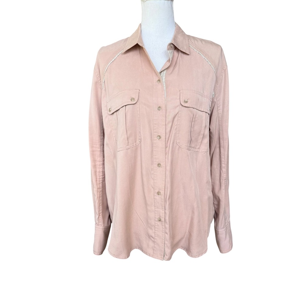 Free People‎ Tencel Button Down Shirt Pink Metallic Trim Utility Top Small